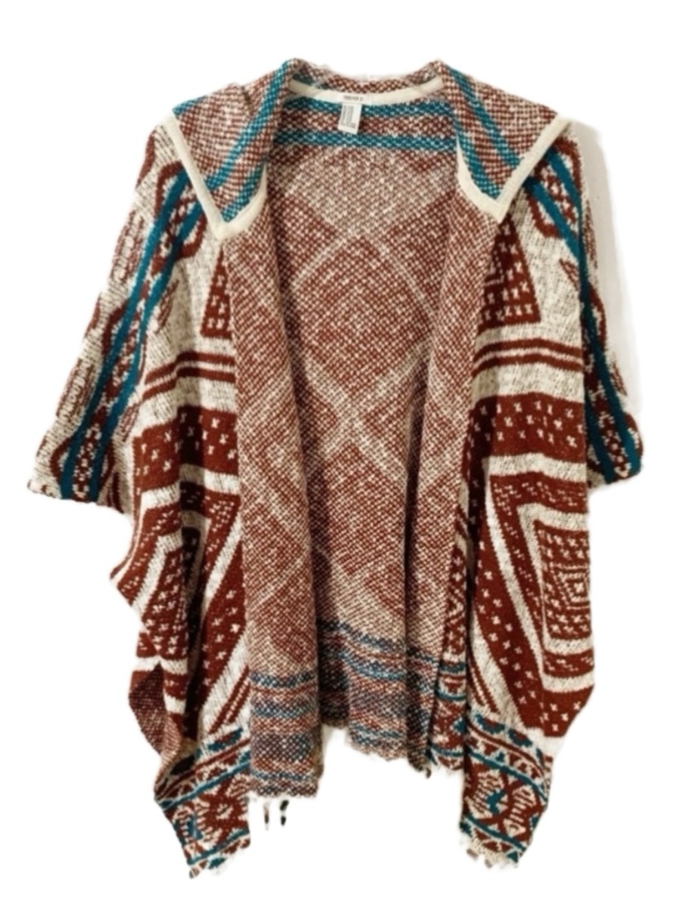 Forever 21 Poncho Sweater Throw Over with Fringed Hem Hood Geometric Design Boho